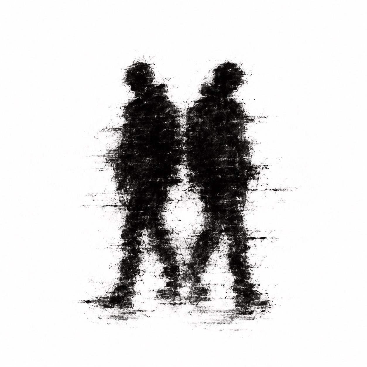 Abstract black figures facing one another