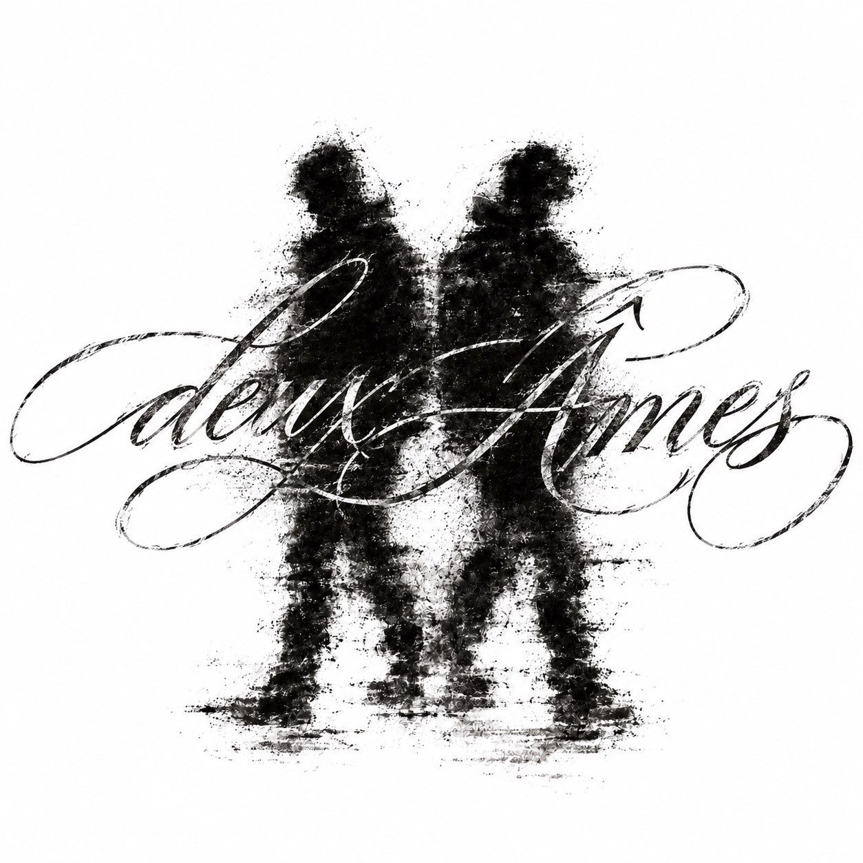 Abstract paired figures overlaid with the Deux Âmes script